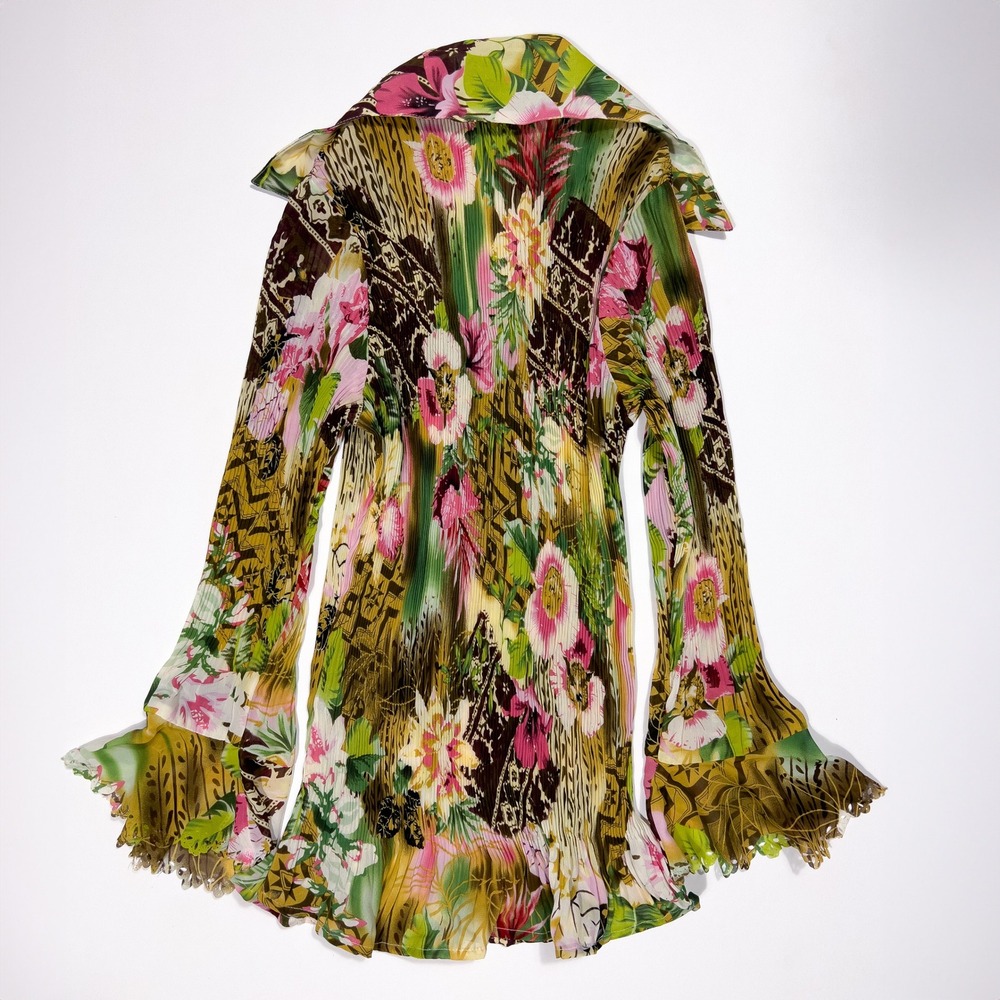 Essentials by Milano Tropical Floral Pleated Button Up Blouse Small Flared Cuff - Picture 2 of 6
